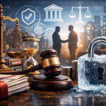 Illustration depicting interim relief in commercial litigation with a judge’s gavel, balance of justice, legal documents, hourglass, and a frozen padlock symbolizing asset freeze, while two business professionals shake hands against a city skyline representing corporate dispute resolution and commercial law.