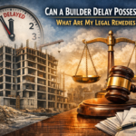 Incomplete residential building under construction with cranes beside a large clock labeled “Delayed,” alongside a judge’s gavel, scales of justice, and legal documents symbolizing legal remedies for builder possession delay in India.
