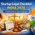 Startup legal checklist India 2026 illustration showing company registration, compliance, scales of justice, rocket growth, and Indian startup ecosystem.